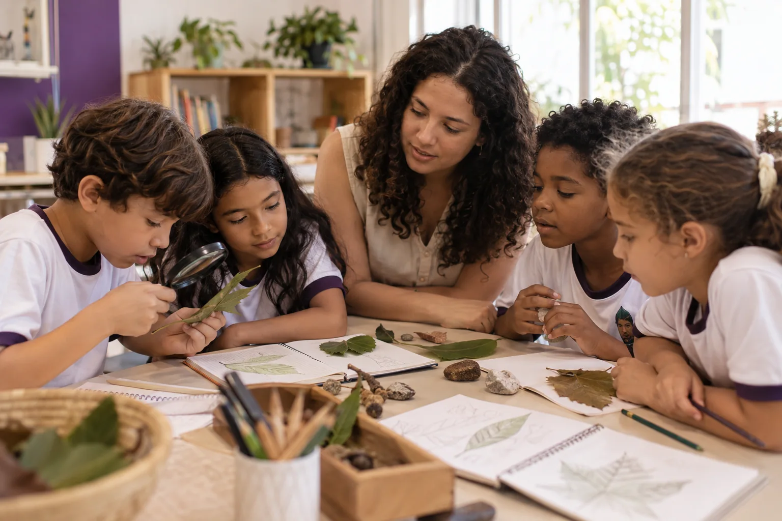 Crianças e uma educadora observam folhas e materiais naturais.