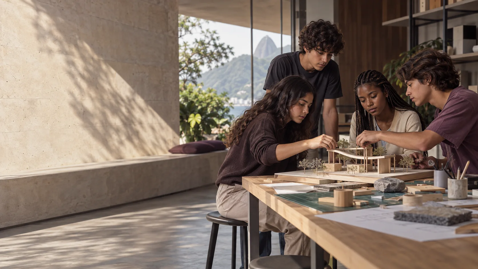 Cena ilustrativa: jovens constroem uma maquete juntos.